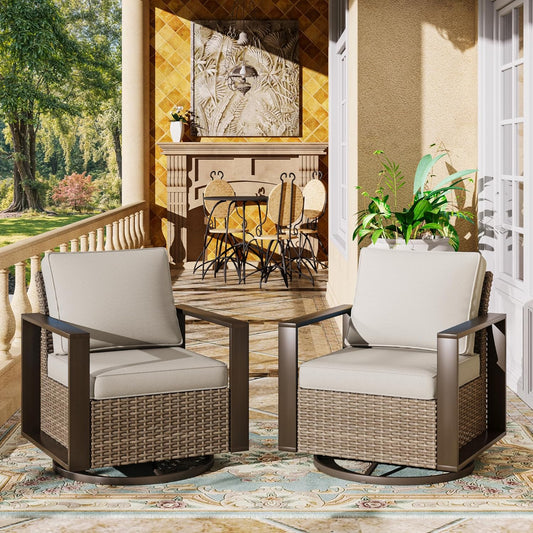 Outdoor Swivel Rocker Patio Metal Chairs Set of 2 - Porch Furniture 2 Pieces 360 Degree Glider Rockers Rattan Chairs with Washable Cushion & Metal Steel Rectangular Framed Armrest, Beige