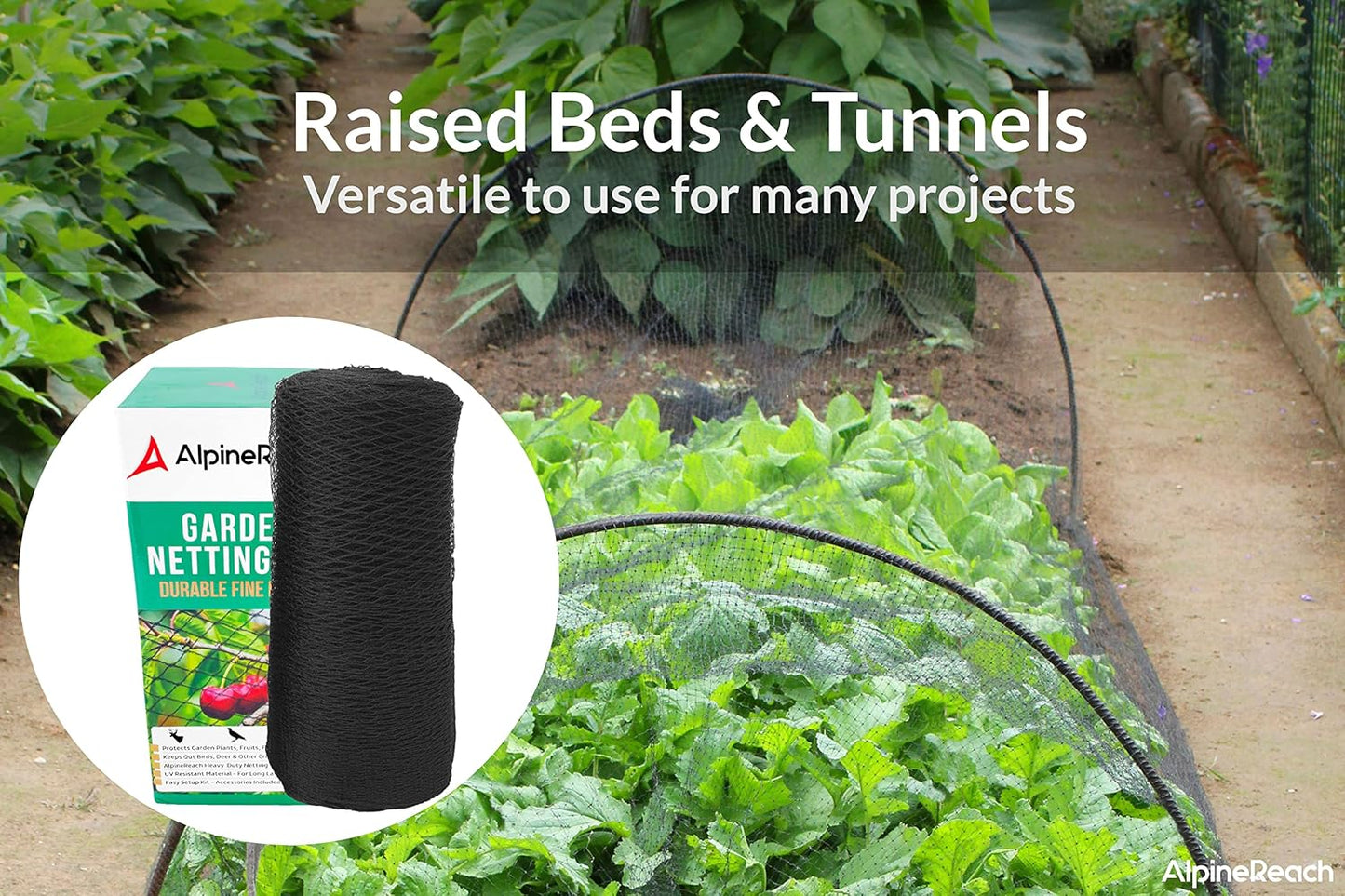 AlpineReach Garden Netting 7.5 x 65 ft Heavy Duty Bird Net, Deer, Plant Protection Extra Strong Woven Mesh, Reusable Kit with Zip Ties, Animal Fencing for Fruits Trees, Black