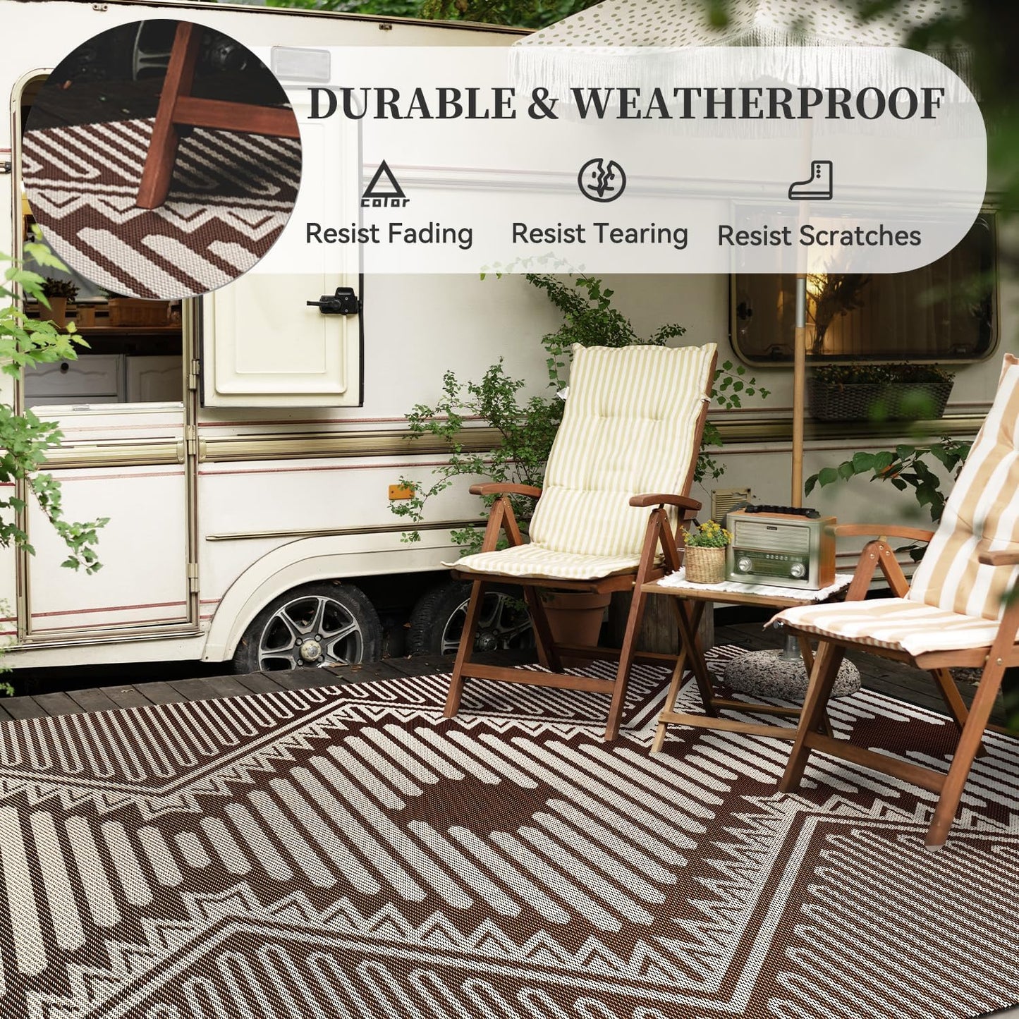 MontVoo Outdoor Rug-Waterproof Camping Rug Patio Rug Mat 6x9 Reversible Plastic Straw Outside Outdoor Rug for RV Camping Picnic Balcony Backyard Pool Deck Porch Modern Boho Beige Brown