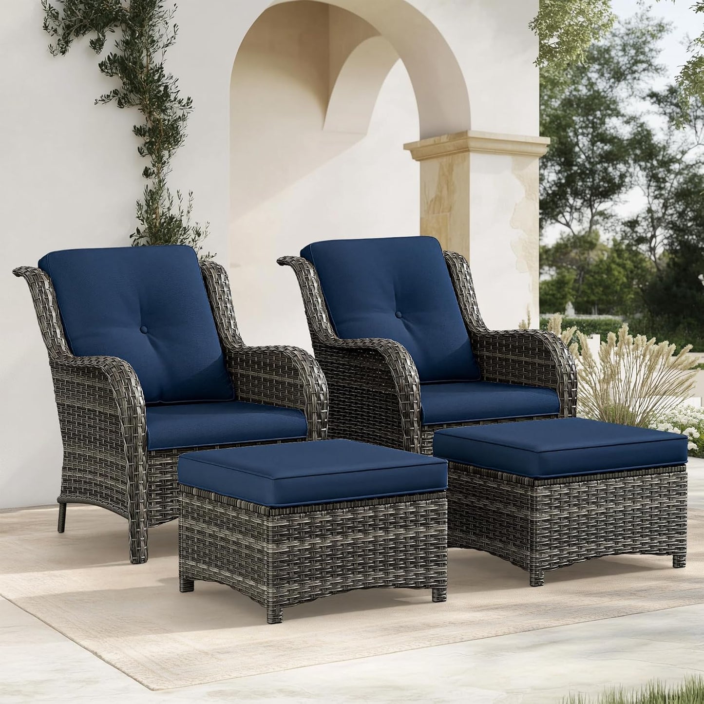 4 Pieces Patio Conversation Set, Wicker Chairs Set of 2 and Two Ottomans with 3.5-inch Seat Cushions, High Back and Curved Armrest for Backyard, Balcony and Deck, Blue