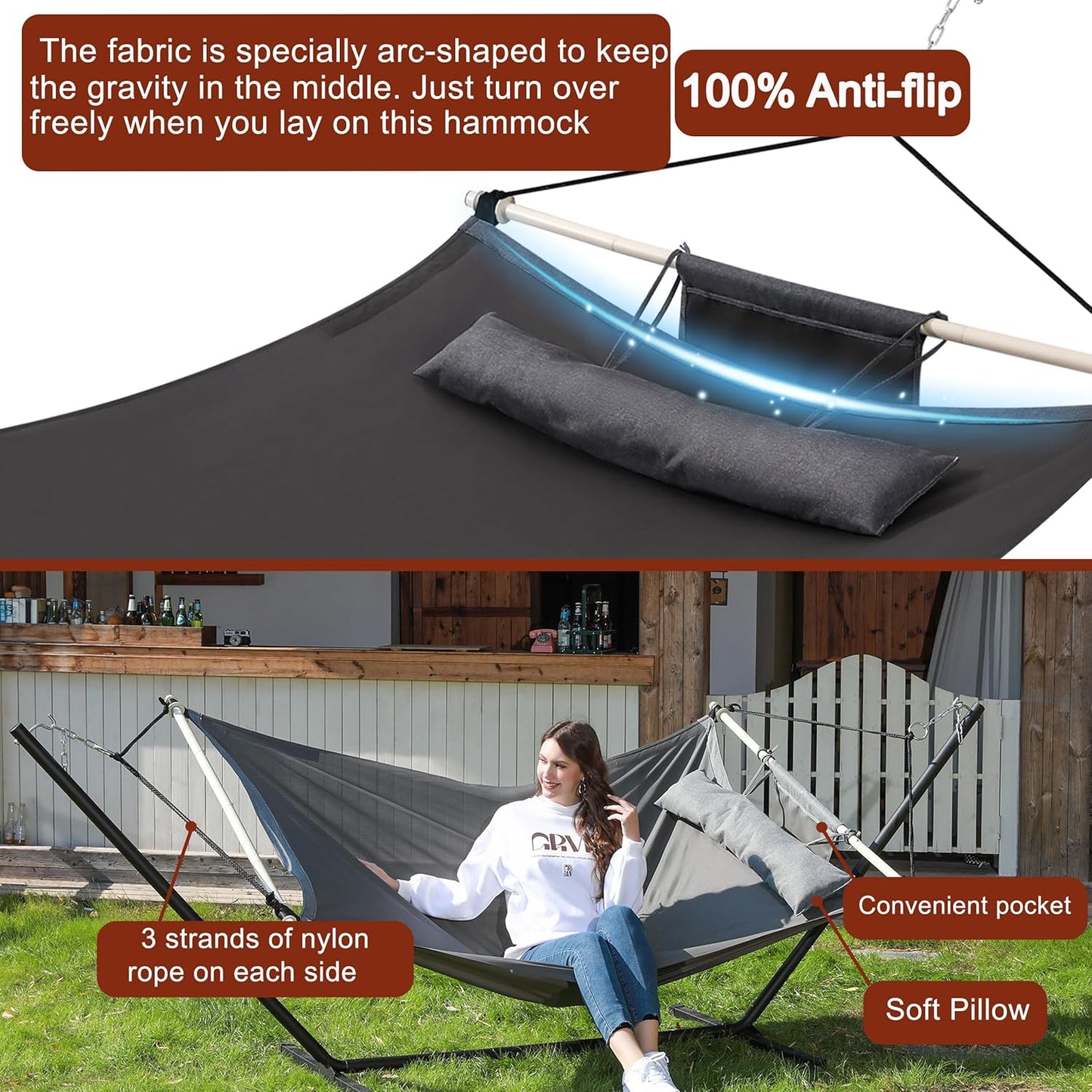TegerDeger Anti-flip 12FT Hammock Large Hammock 450LB Capacity with Iron Spreader Bar & Nylon Rope for Outside, Patio, Garden, Backyard, Beach - Gray