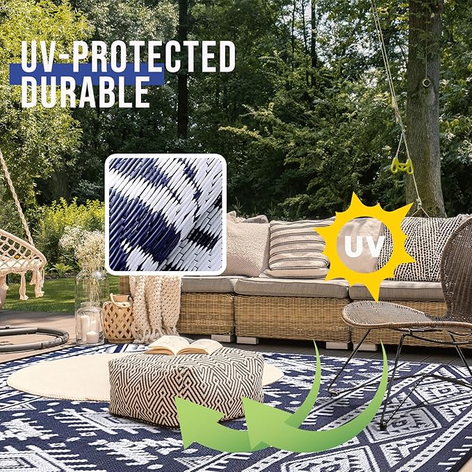 OLANLY Outdoor Rug Waterproof 6x9 ft, Reversible Outdoor Plastic Straw Rug, Boho Patio Rug, Indoor Outdoor Carpet, RV Mat Outside for Patio, Camp, Picnic, Balcony, Deck, Backyard, Navy & White