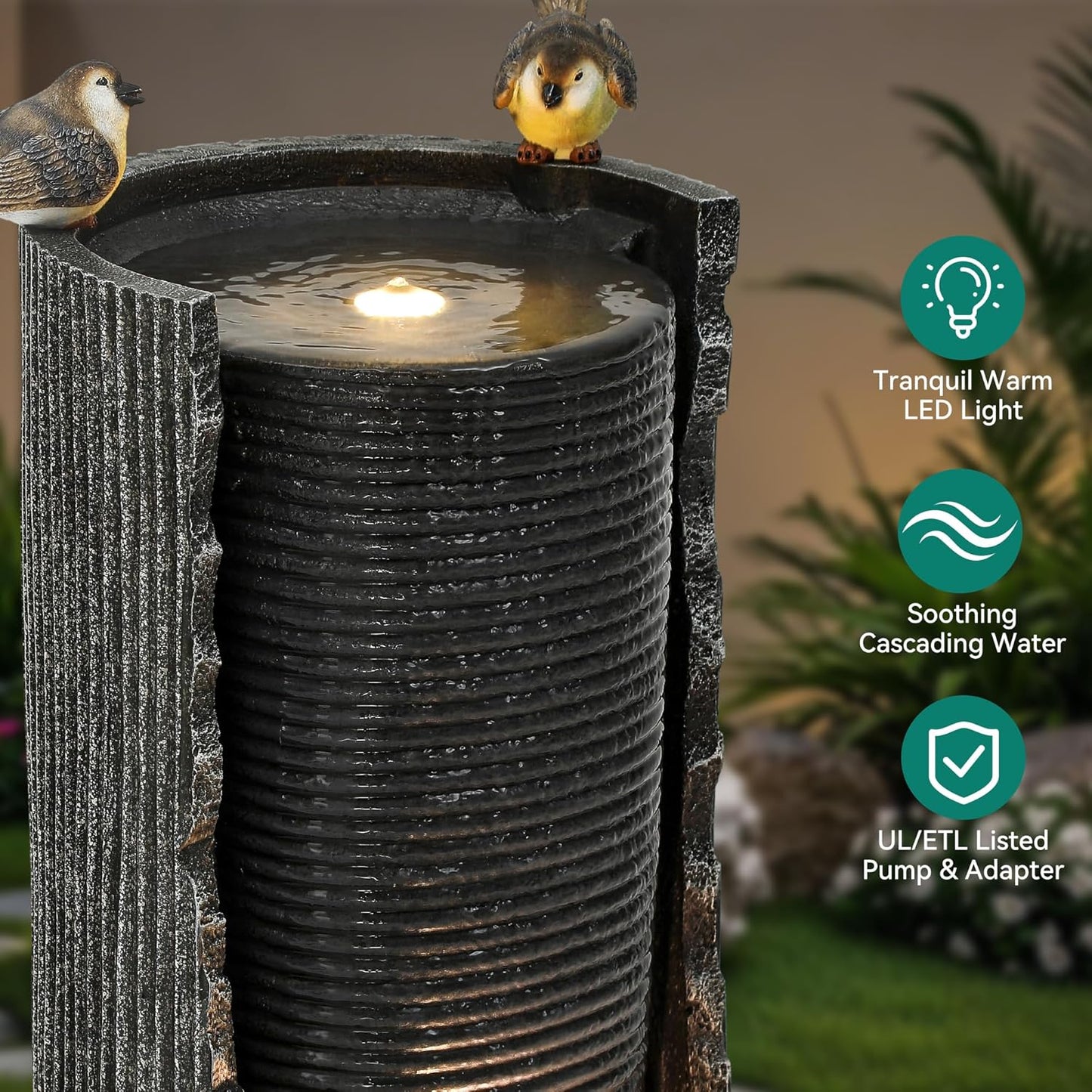 32" Rustic Cracked Jar Water Fountain Outdoor with LED Lights, Polyresin Freestanding Waterfall Feature, Tranquil Oasis for Garden, Patio, Yard, or Porch