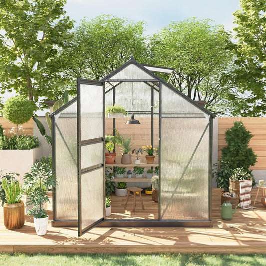 6*6 FT Outdoor Walk-in Greenhouse, Polycarbonate Green House, Heavy Duty Greenhouse with Vented Roof Window, Windproof Aluminum Frame, Suitable for Outside Gardening, Backyard, Patio