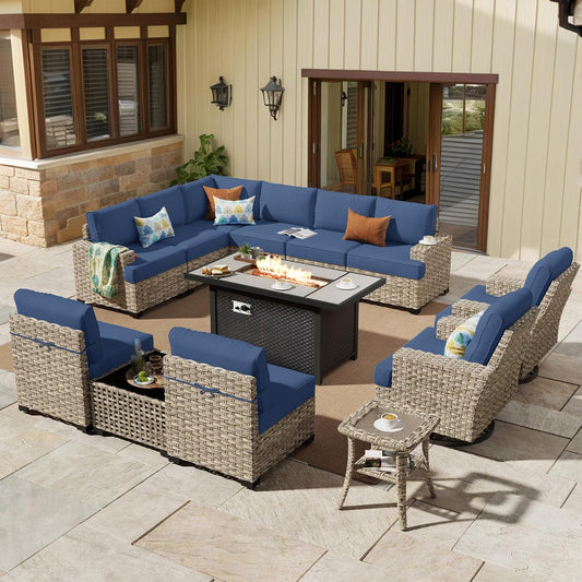 HOOOWOOO Outdoor Sectional Patio Furniture Set with Fire Pit Table,13 Pieces Wicker Conversation Sets L Shaped Couch,Extra Deep Out Door Sofa Outside Furniture with Swivel Chairs,Denim Blue