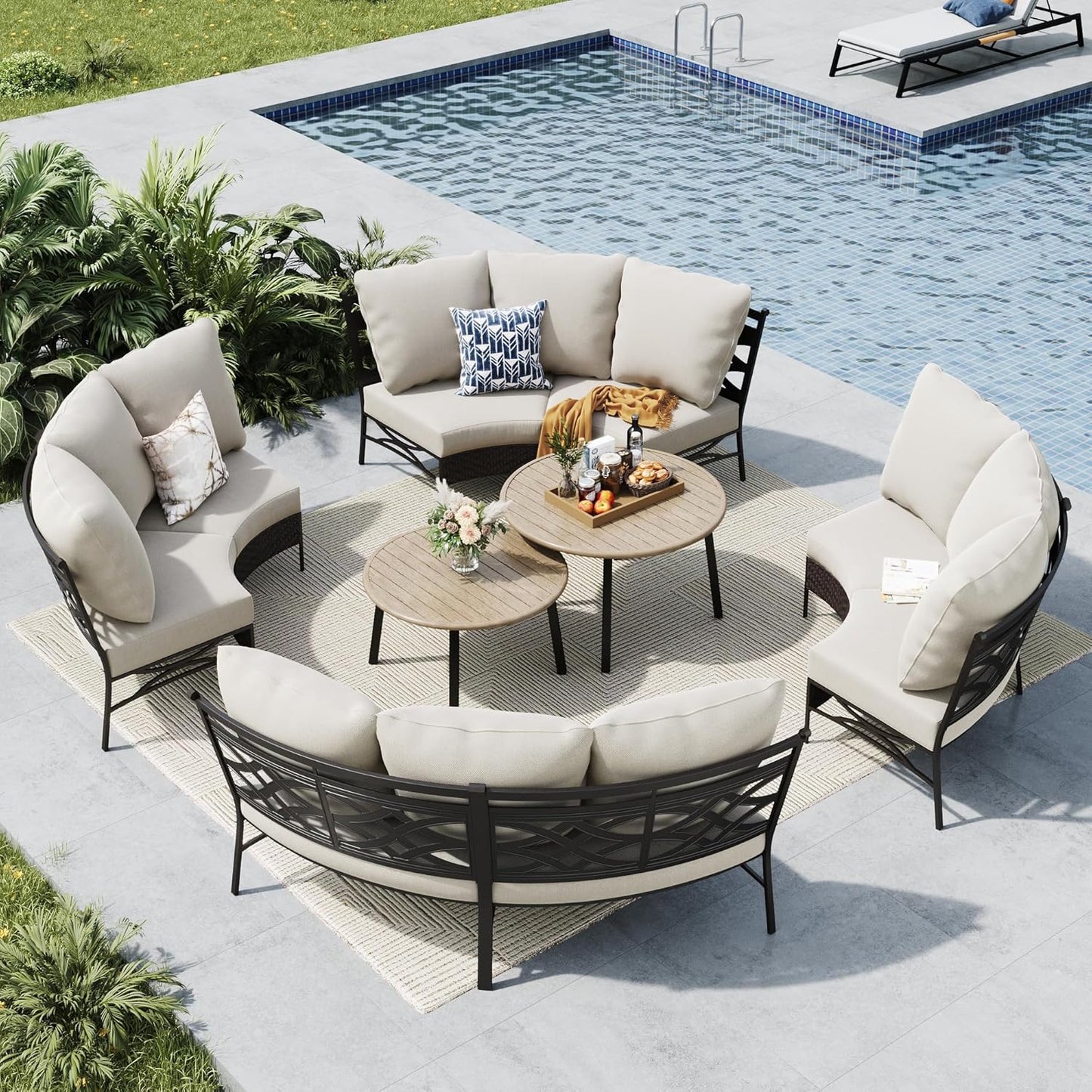 MFSTUDIO Patio Furniture Set, 8 Seats Half-Moon Curved Outdoor Sectional Sofa Conversation Set, Woven Rattan Patio Couch with 2 Wood-Like Round Coffee Table