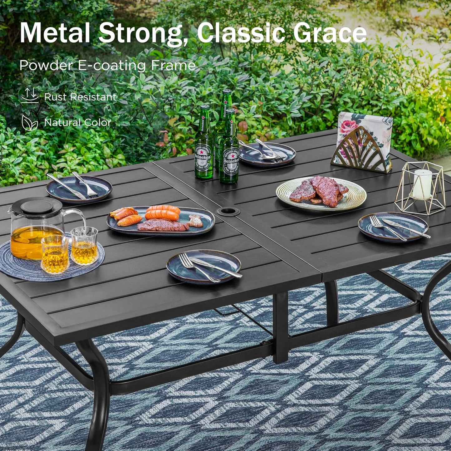 PHI VILLA Outdoor Dining Table for 6, 60" Long Rectangular Metal Wrought Iron Table with Umbrella Hole, All-Weather Large Furniture for Patio, Backyard, Porch
