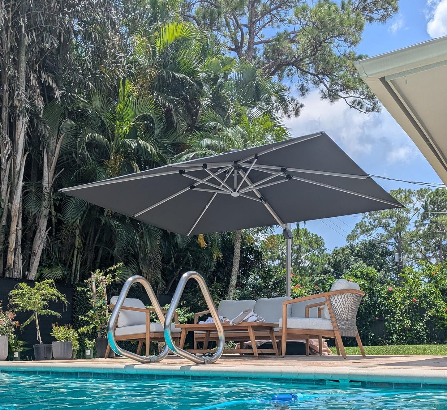 PURPLE LEAF 10' X 13' Double Top Deluxe Solar Powered LED Rectangle Patio Umbrella Offset Hanging Umbrella Outdoor Cantilever Umbrella, Grey