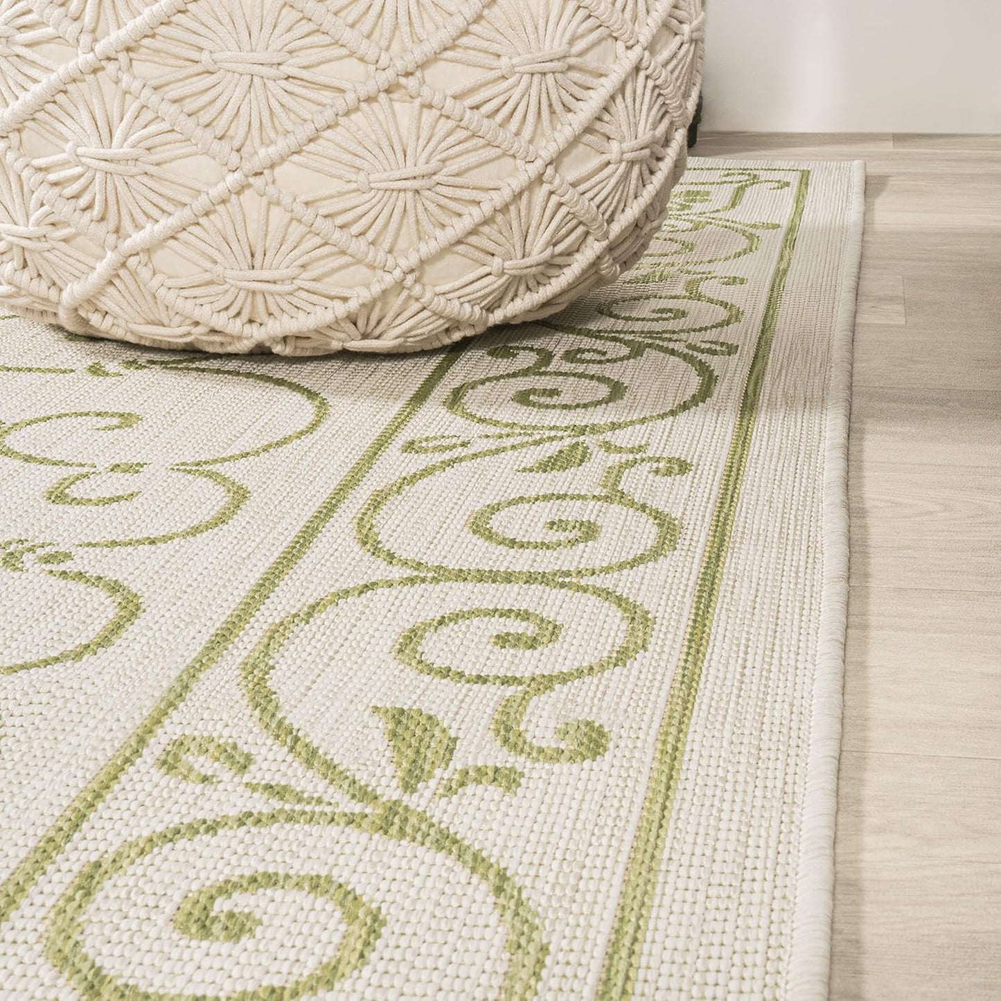 JONATHAN Y SMB106I-28 Charleston Vintage Filigree Textured Weave Indoor Outdoor Runner Rug, Bohemian Coastal Traditional Easy Cleaning,Bedroom,Kitchen,Backyard,Patio,Non Shedding, 2 X 8, Cream/Green