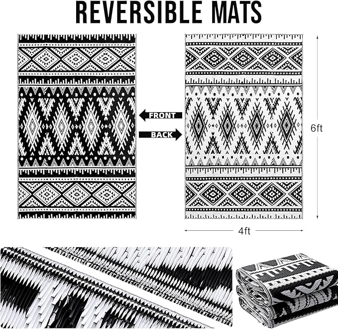 OLANLY Outdoor Rug Waterproof 4x6 ft, Reversible Outdoor Plastic Straw Rug, Boho Patio Rug, Indoor Outdoor Carpet, RV Mat Outside for Patio, Camp, Picnic, Balcony, Deck, Backyard, Black & White
