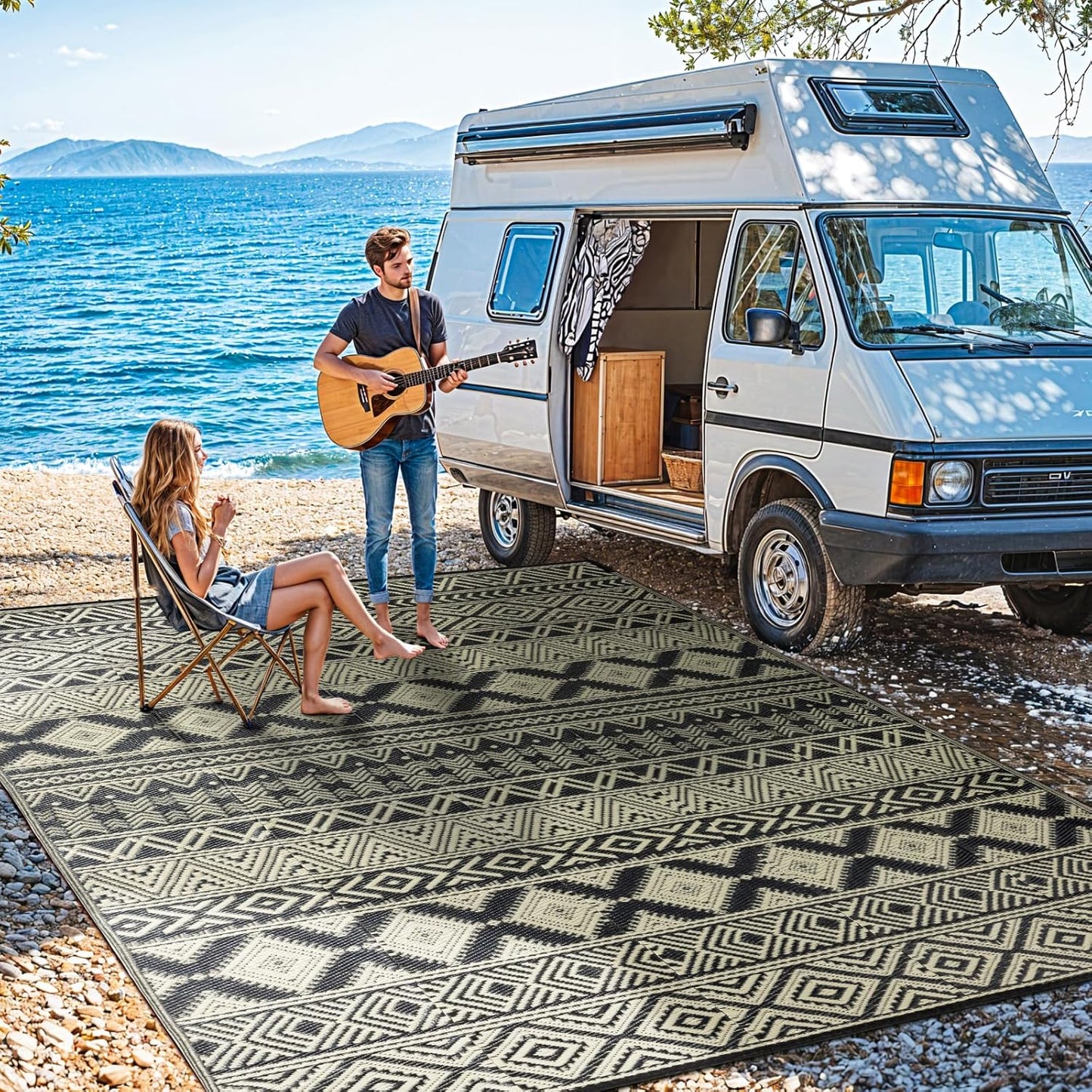 9'x12' Reversible Outdoor Rug - Eco-Friendly Plastic Straw Rug-Heavy-Duty Waterproof Mat, UV & Fade Resistant for Patio, Camping, RV, Deck, Balcony(9x12,Black&Beige)