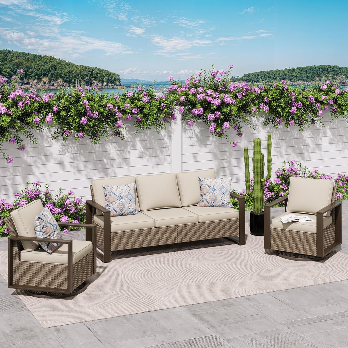 Wicker Patio 75" Sofa Set with 2 Swivel Chairs, All Weather Rattan Outdoor Conversation Furniture Set with Wood-Looking Metal Armrest & Removable Cushions for Backyard Porch, Beige