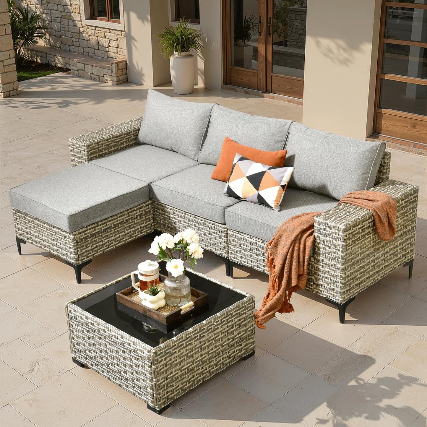 ovios 5 Pieces Patio Furniture Set Outdoor Sectional Sofa Couch with Deep Seat Chaise Comfy Cushions, Modern Modular Wicker Rattan Conversation Set Porch Deck Garden, Dark Grey