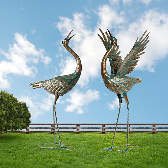 chisheen Crane Garden Statues Outdoor Metal Heron Yard Art Crane for Garden Sculptures Patio Lawn Ornaments,Set of 2