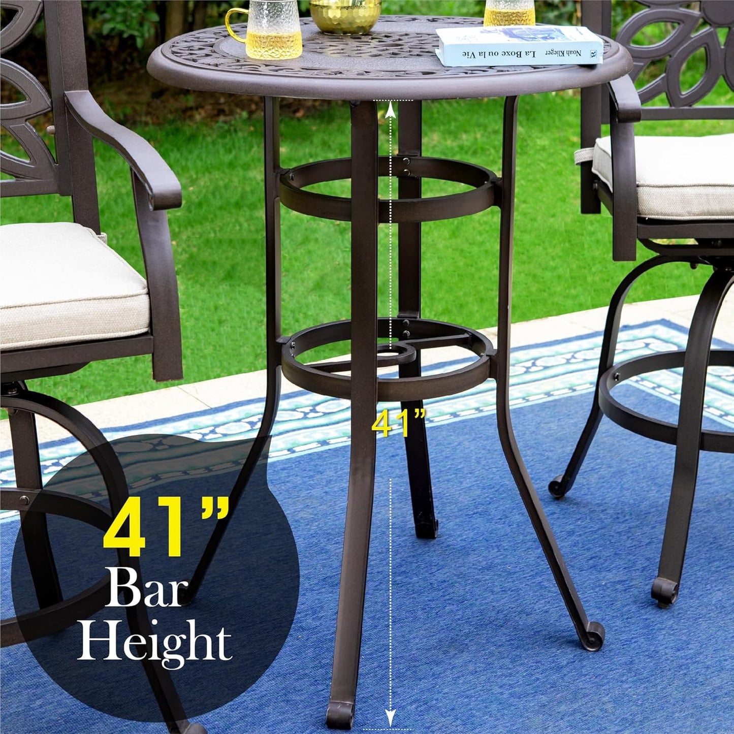 PHI VILLA 32" Cast Aluminum Patio Bar Table, 41" Height High Top Outdoor Table, Pub Height Bistro Round Table for Paito Lawn Garden, Brown