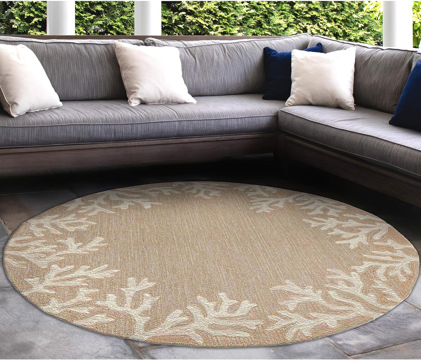Liora Manne Capri Coastal Coral Border Neutral Indoor/Outdoor Rug, 8' Round