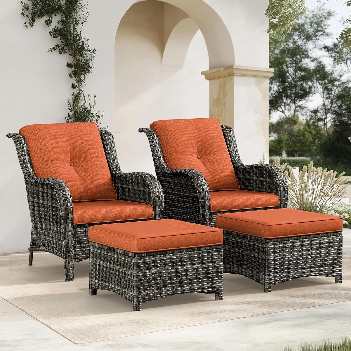 4 Pieces Patio Conversation Set, Wicker Chairs Set of 2 and Two Ottomans with 3.5-inch Seat Cushions, High Back and Curved Armrest for Backyard, Balcony and Deck, Orange