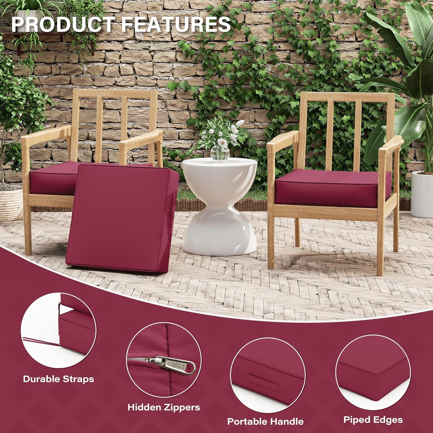 Patio Chair Cushions 19 X 19 X 4 Inch Waterproof Outdoor Seat Cushions for Patio Furniture, Outdoor Sofa Couch Pads with Ties & Handle, Set of 2, Fuchsiared