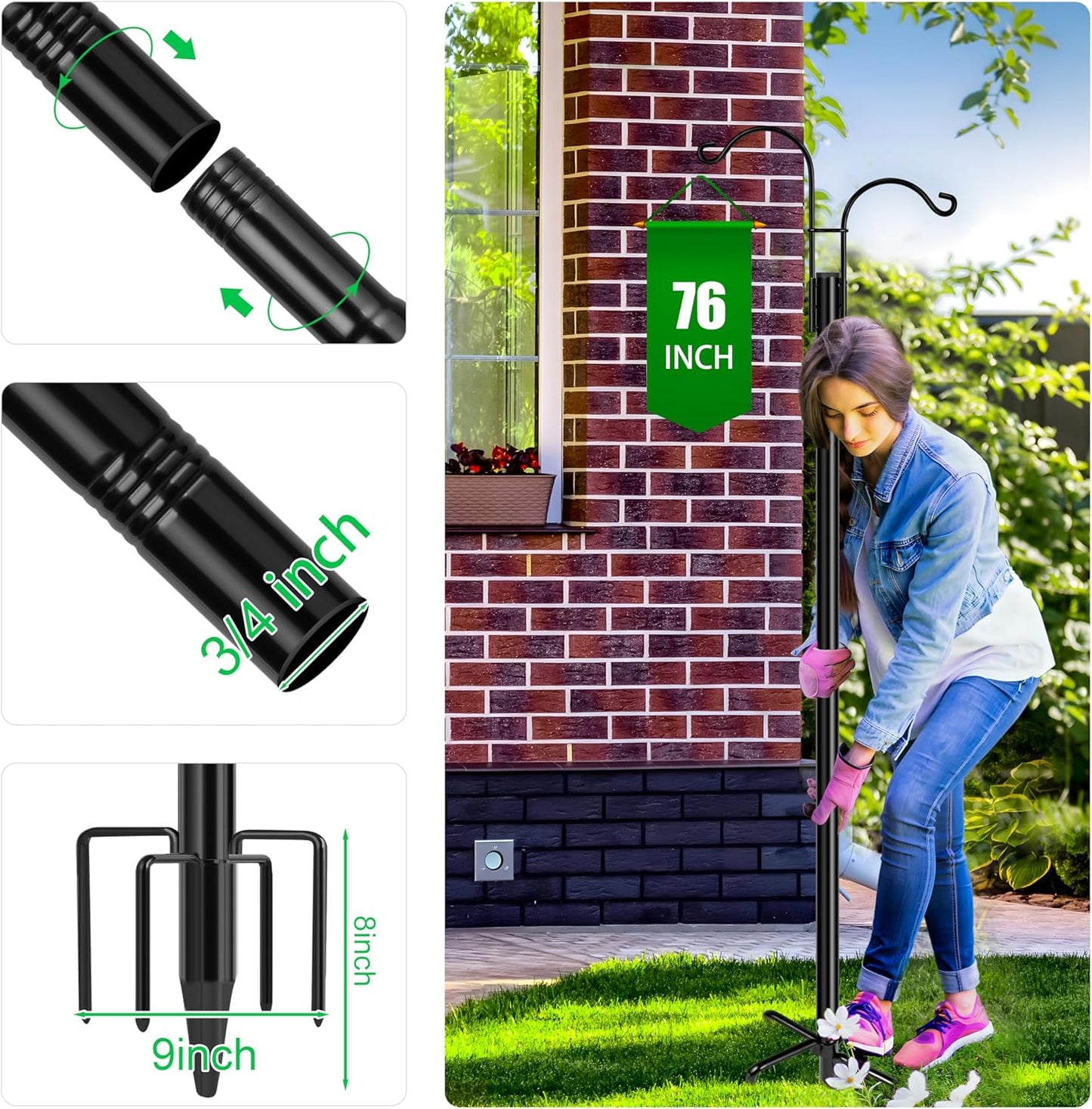 XDW-GIFTS Double Shepherds Hooks for Outdoor, 2-Pack Heavy Duty Garden Pole for Hanging Bird Feeder, Plant Baskets, Solar Light Lanterns, Garden Plant Hanger Stands with 5 Base Prongs