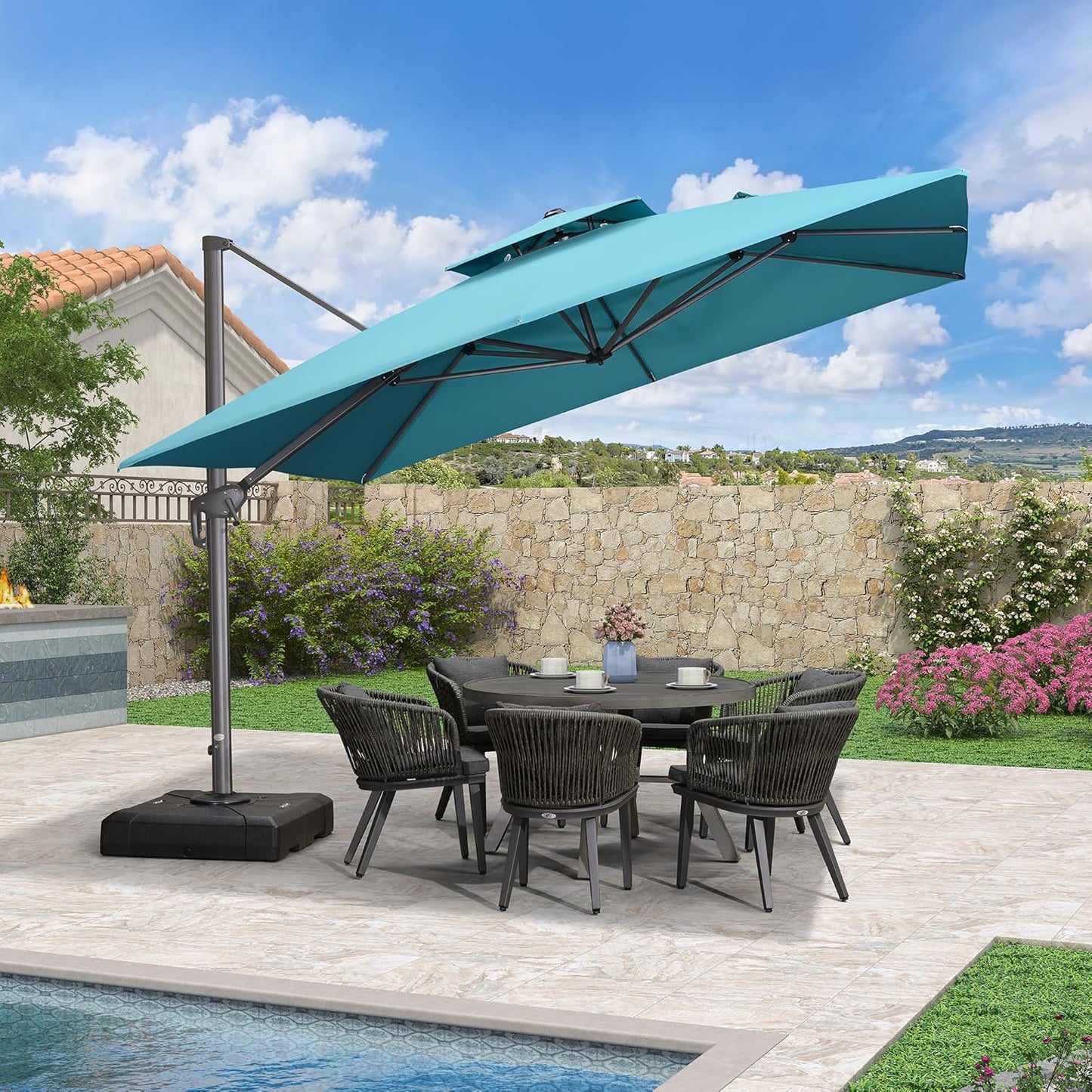 PURPLE LEAF 11ft Patio Umbrella with Base Included Large Offset Umbrella Hanging Double Top Square Cantilever Outdoor Umbrella for Garden Deck Backyard Pool Turquoise Blue