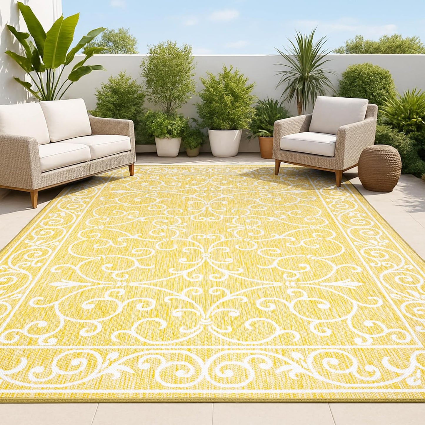 JONATHAN Y SMB106L-3 Charleston Vintage Filigree Textured Weave Indoor Outdoor Area Rug, Classic Traditional Easy-Cleaning,Bedroom,Kitchen,Backyard,Patio,Non Shedding, 3 X 5, Yellow/Cream