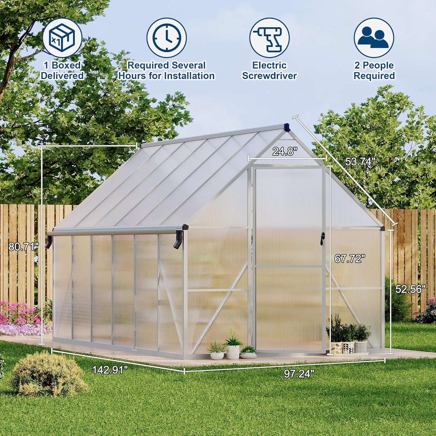 8'X12' Aluminum-Framed Polycarbonate Greenhouse, Heavy Duty Polycarbonate Greenhouse with Quick Setup Structure and Roof Vent, Large Enhanced Aluminum Greenhouses Kit for Outdoors