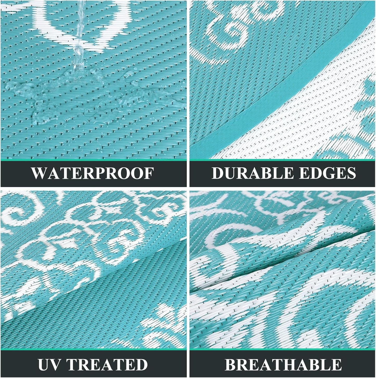 Pauwer Waterproof Outdoor Rug 8ft, Reversible Plastic Straw Patio Camping Rug, Indoor Outdoor RV Mat Carpet for Deck, Camper, Porch, Balcony, Backyard, Picnic, Floral Teal