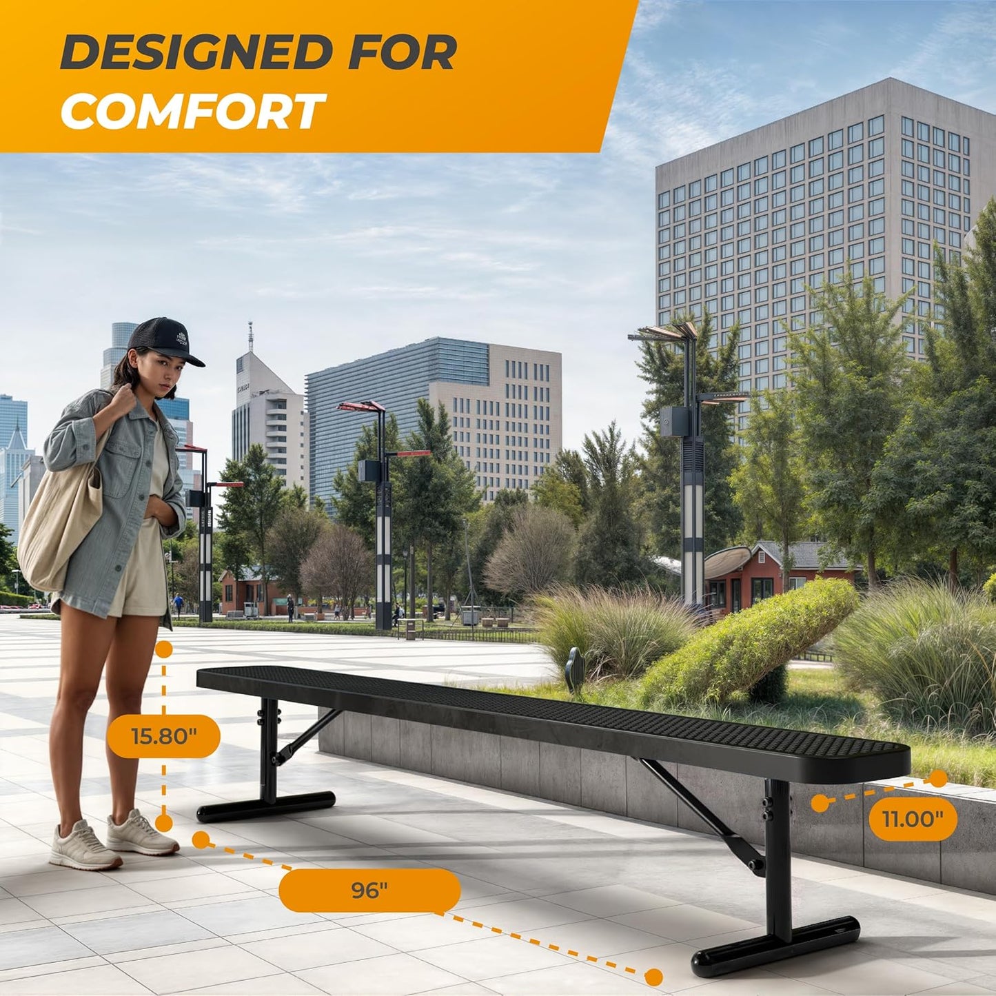 Heavy-Duty Outdoor Metal Bench, Thermoplastic-Coated, Portable, Weatherproof, Commercial-Grade for Parks, Gardens, Patios, Stores & More (8 Ft - Portable, Black)