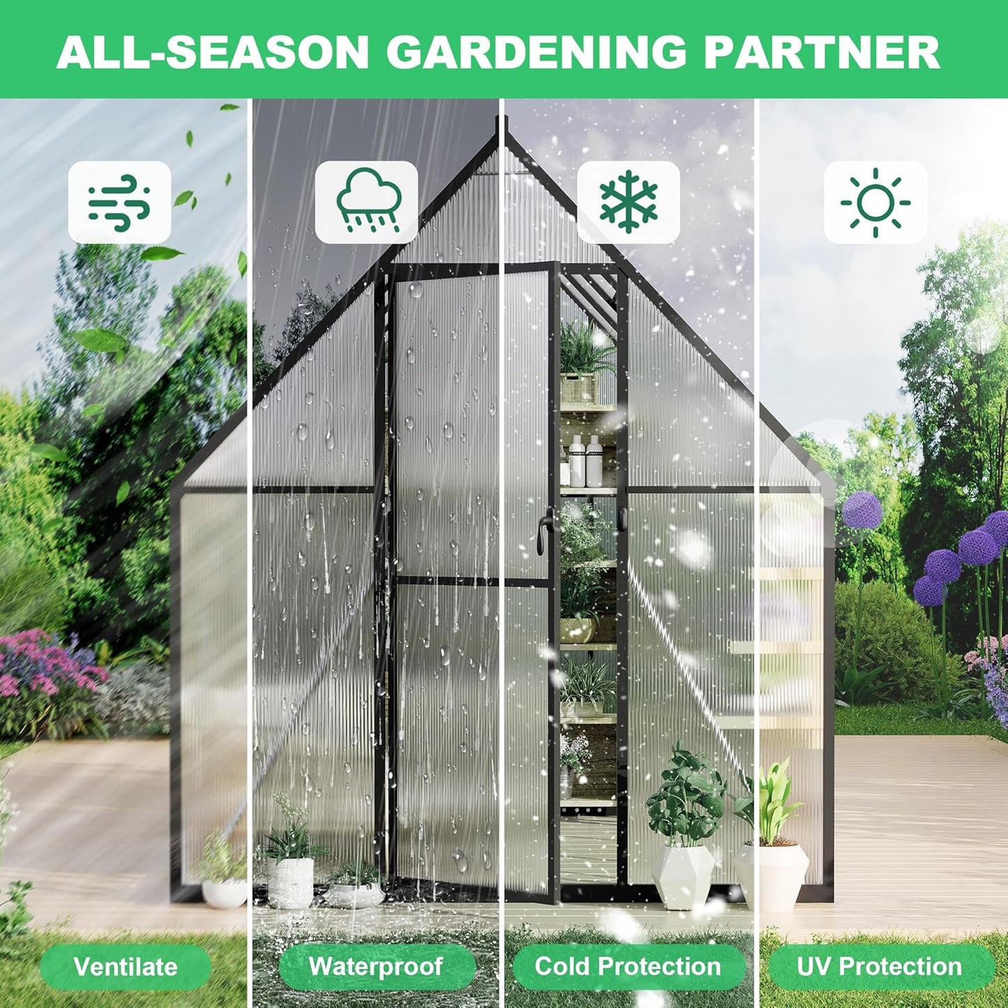 6'x7' Aluminum-Framed Polycarbonate Greenhouse, Heavy Duty Polycarbonate Greenhouse with Quick Setup Structure and Roof Vent, Large Enhanced Aluminum Green House Kit for Outdoors