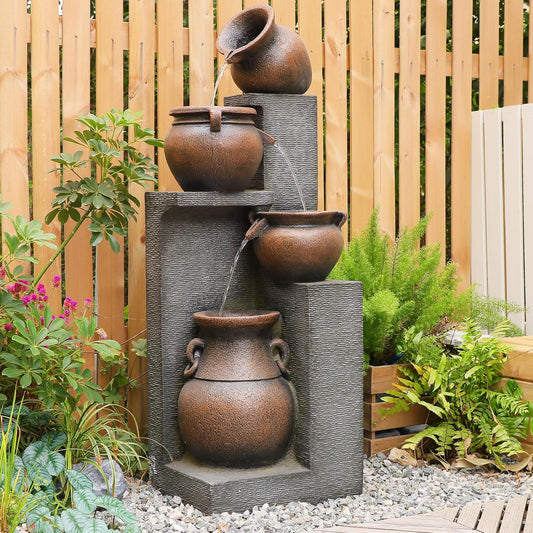 53" H Large Outdoor Water Fountain with Lights - 4 Tiered Cascading Bowls Waterfall Fountain for Garden, Patio, Backyard, Porch Inside - Freestanding Outdoor Water Feature Gold