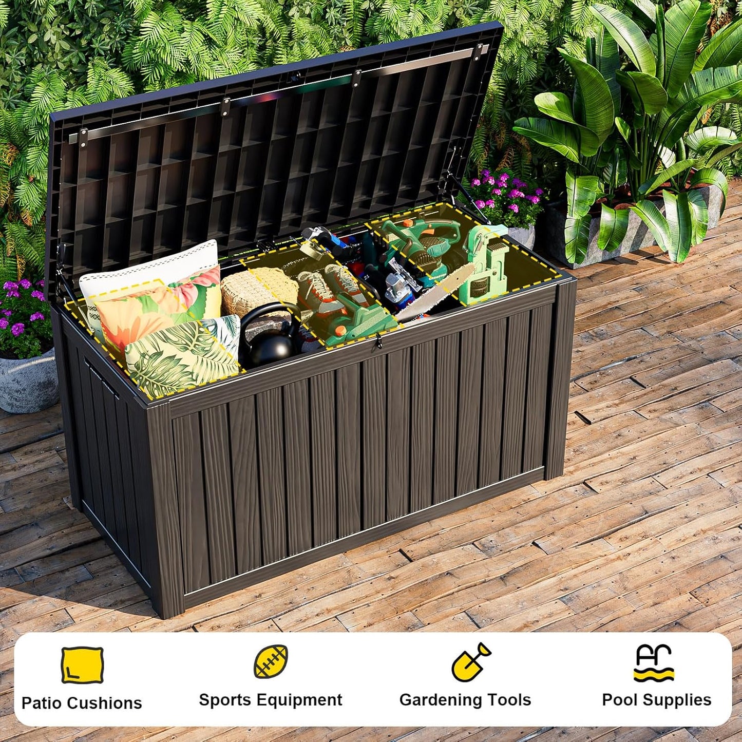 150 Gallon Resin Outdoor Deck Box Waterproof Patio Furniture, Garden Tools, Cushions, Pool Accessories Outside Storage (Black, 150 Gallon)