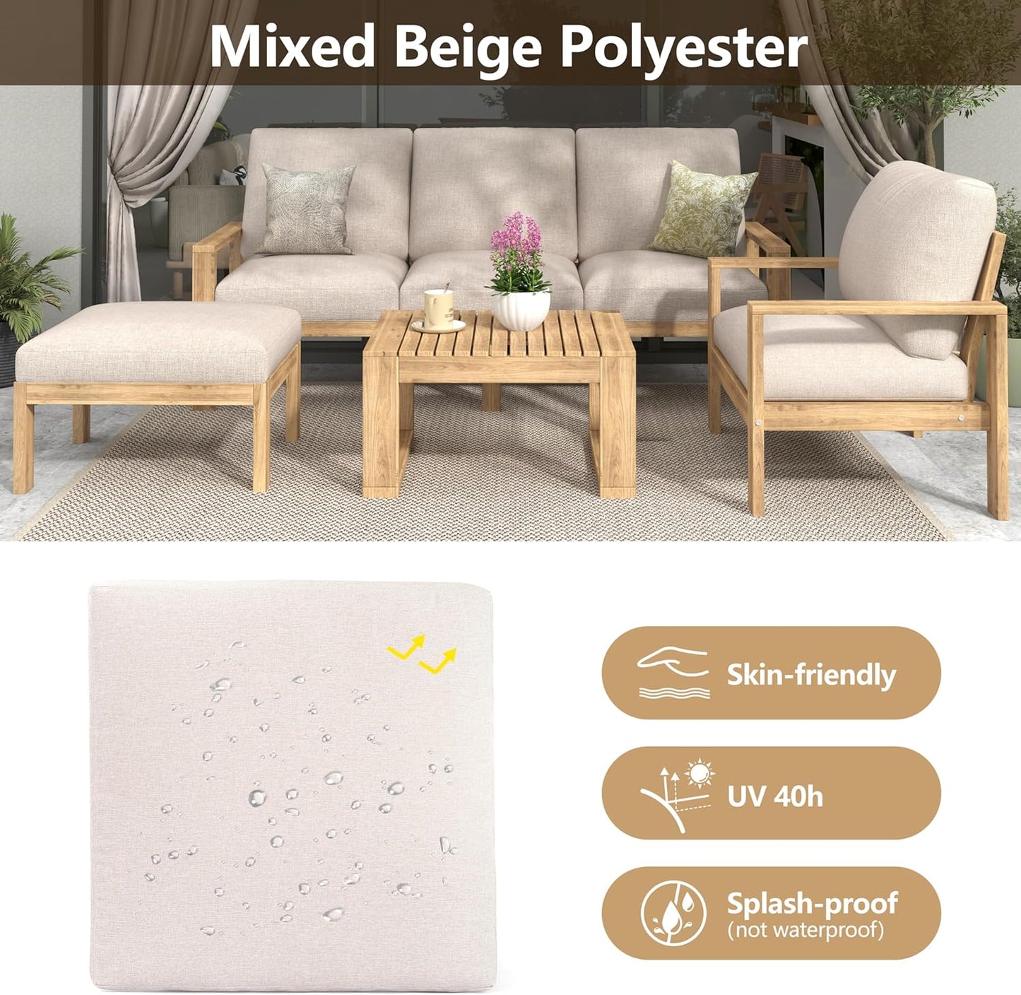 Acacia Wood Sectional Patio Furniture Set, Outdoor 3 Pieces Conversation Set with Acacia Wood Coffee Table for Backyard Porch Garden Balcony