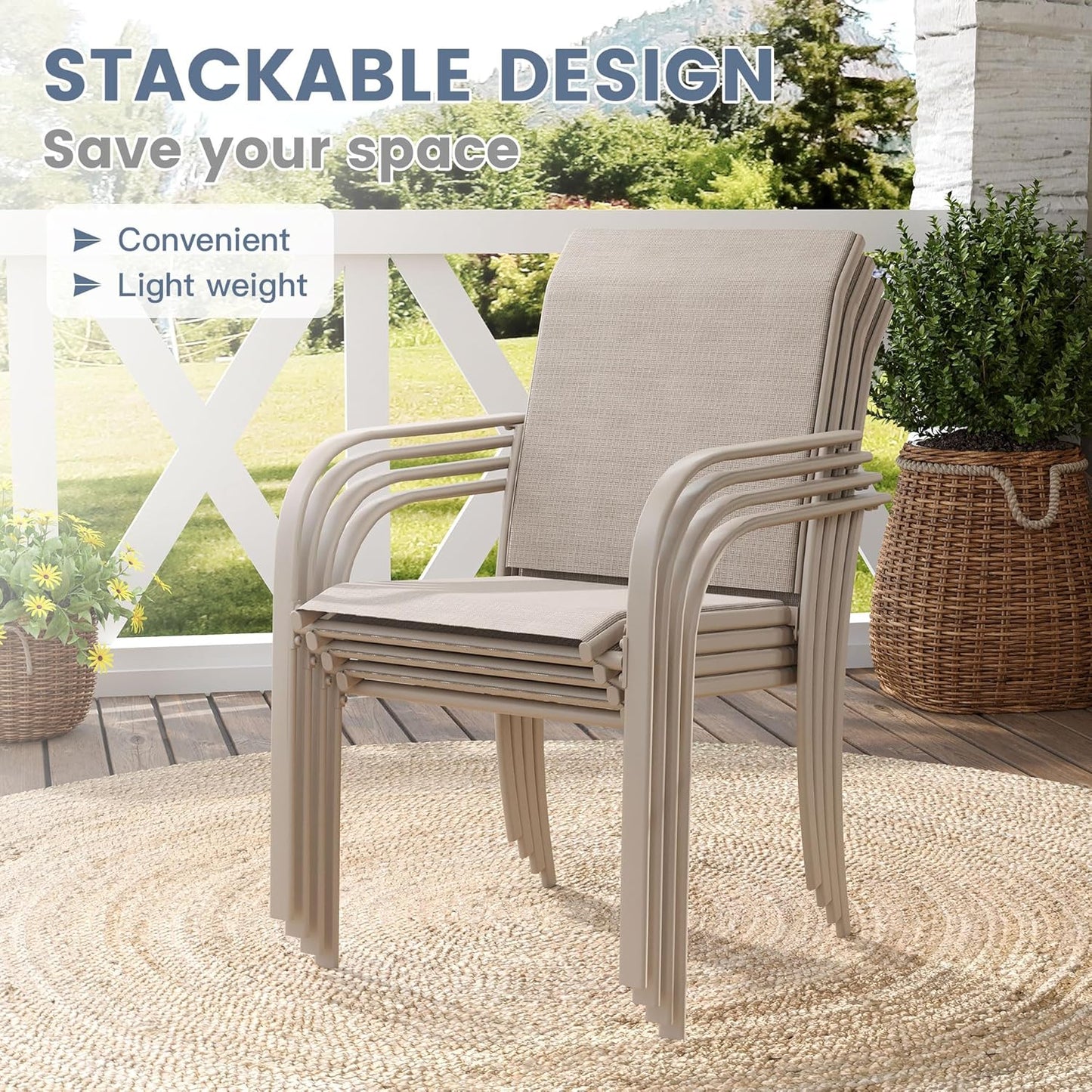 VICLLAX Patio Dining Set for 8, Outdoor Furniture Set Includes 53" Round Patio Table and 8 Patio Sling Chairs, Sandshell Color Tabletop and Fabric