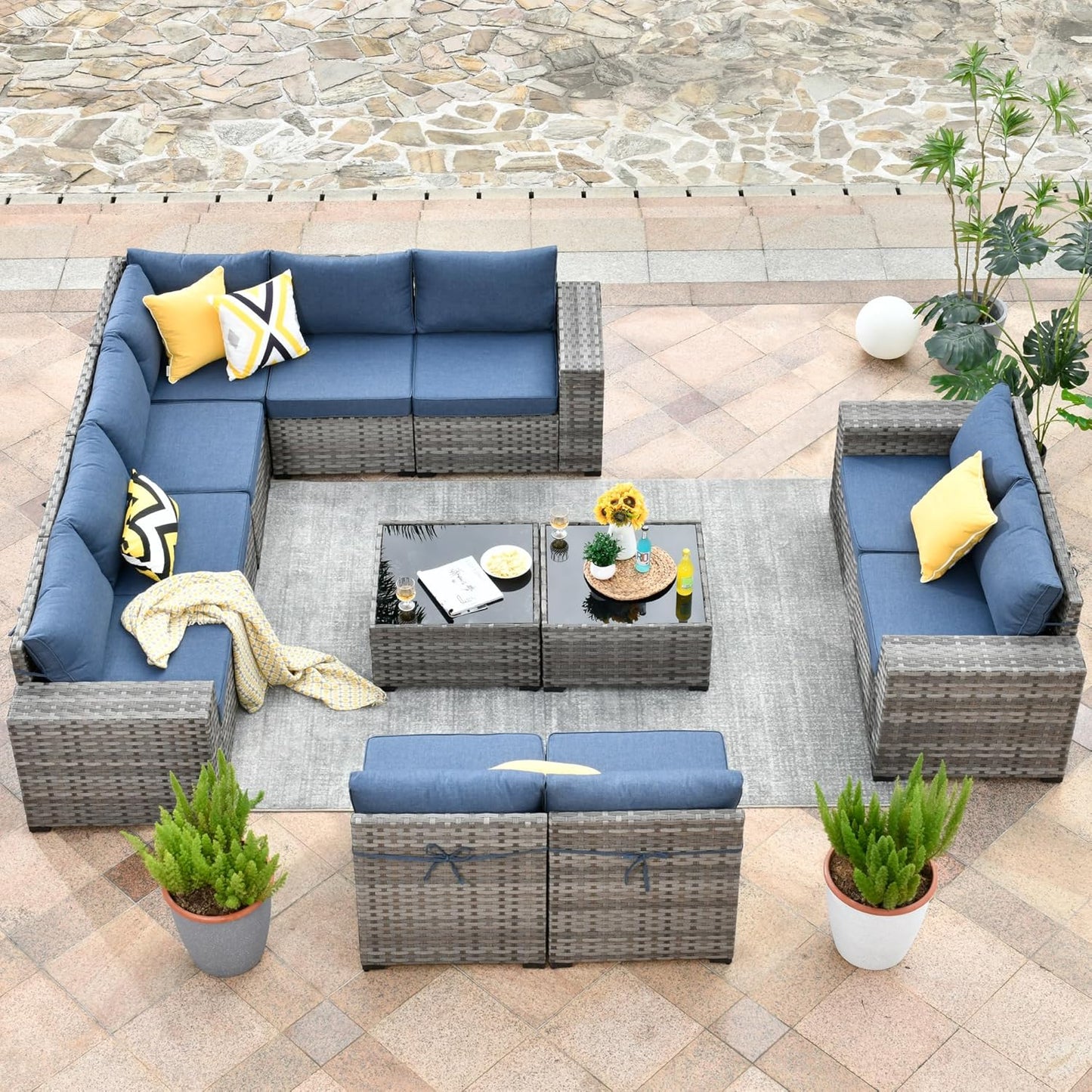 HOOOWOOO 12 Piece Modular Patio Outdoor Sectional Furniture Sofa Set,Wicker Conversation Set,Out Door Couch Set with Wide Arm for Outside All Weather(Denim Blue)