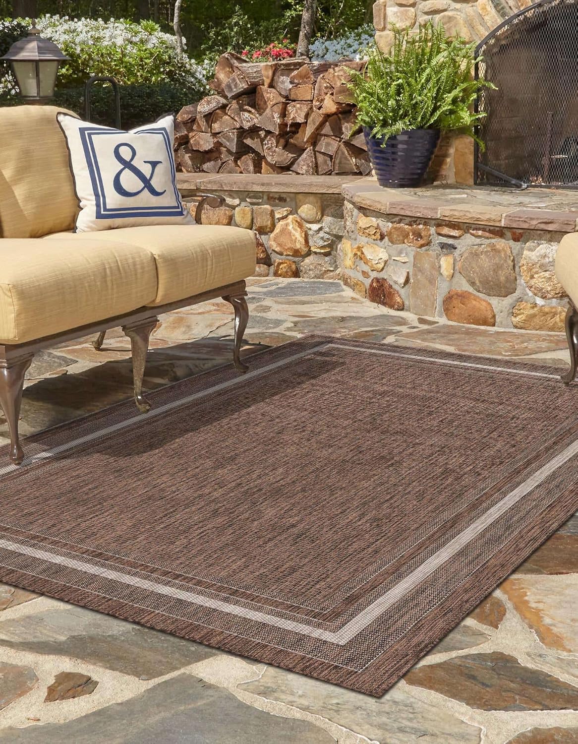Unique Loom Outdoor Border Collection Area Rug - Soft Border (2' x 3' 1" Rectangle, Brown/ Ivory)