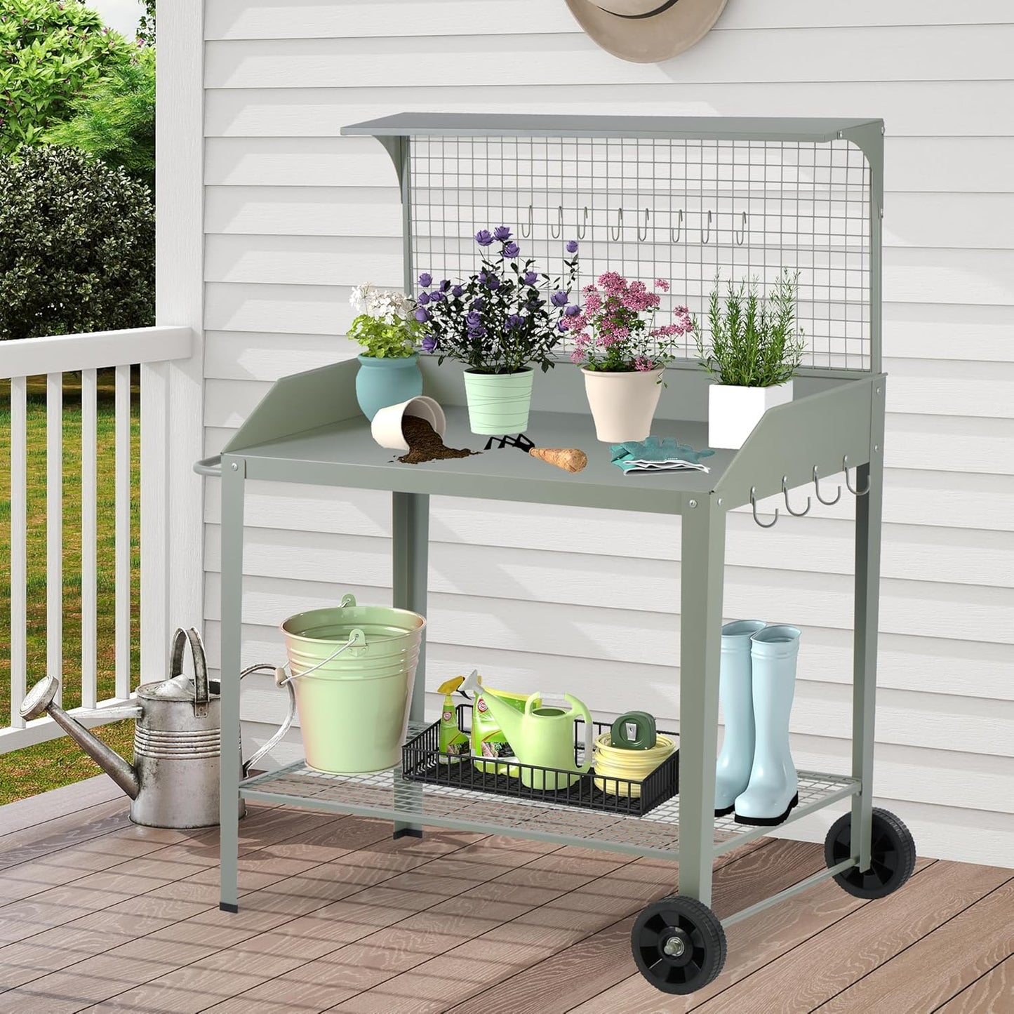 Outdoor Metal Potting Bench with Wheels, Heavy Duty Garden Workbench Table with Storage Shelf (Green, 52.8"x36.6")