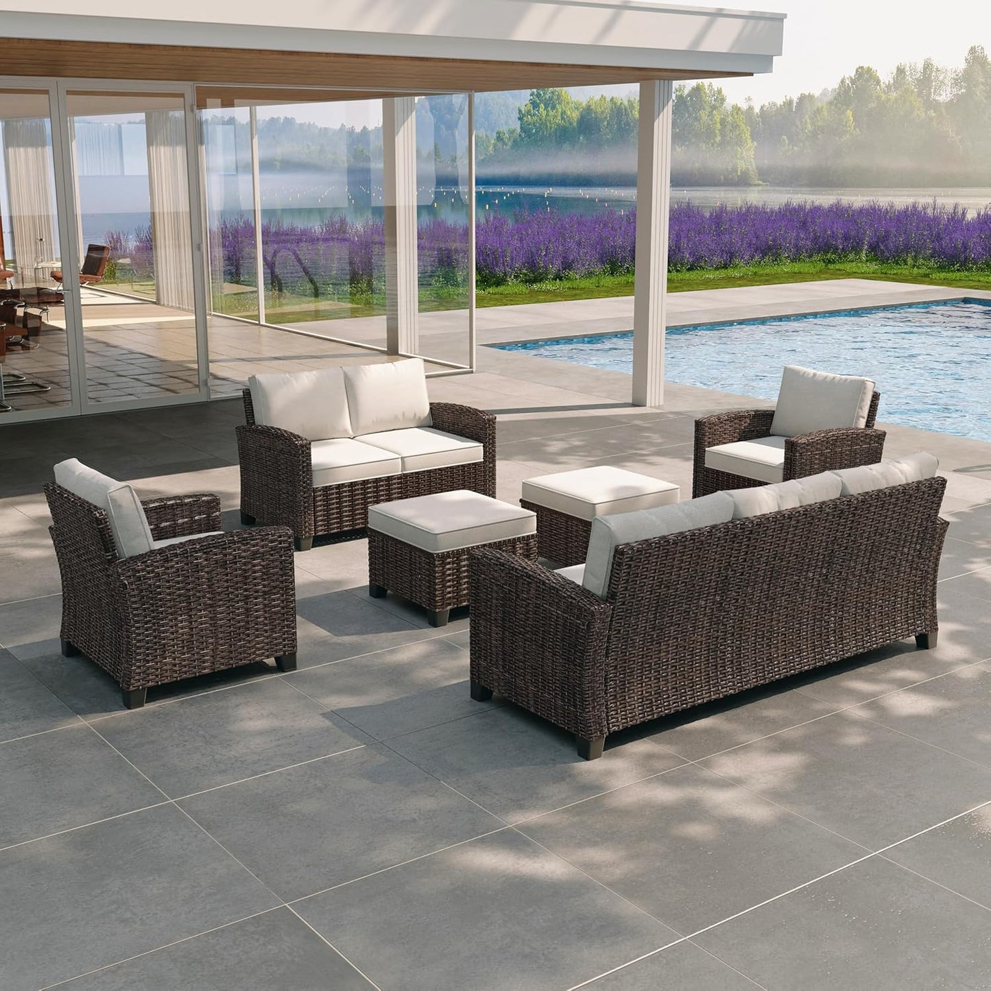 Outdoor Patio Sectional Sofa Set, 6-Piece Rattan Furniture, Patio Conversation Sets with Ottomans, Seats 7, Light Grey