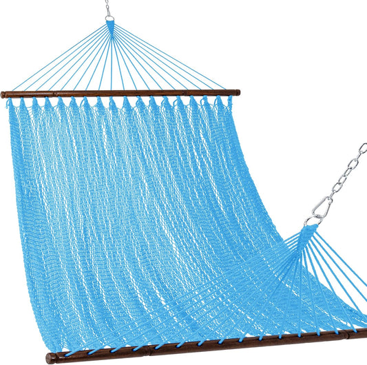 Lazy Daze Hammocks 10.5 FT Double 2 Person Caribbean Rope Hammock, Hand Woven Polyester Hammock with Spreader Bars, for Outside Outdoor Backyard Patio Poolside,450 LBS Capacity,SkyBlue