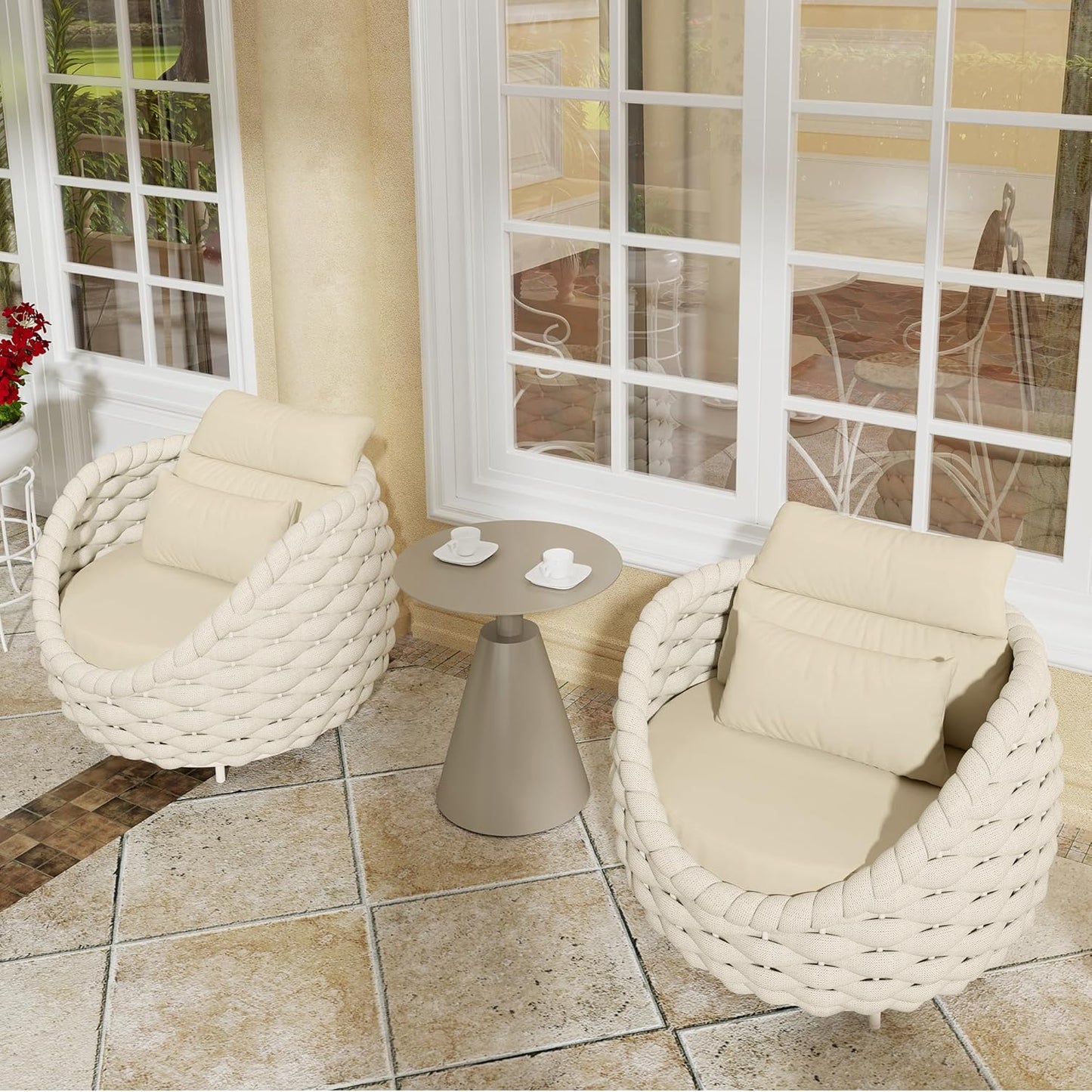 TWT 4 Pieces Patio Sofas, All-Weather Olefin Rope Balcony Furniture with Cushions & Pillows, Patio Couch Outdoor Patio Furniture Set for Indoor, Balcony, Backyard, Deck, Poolside, Cream