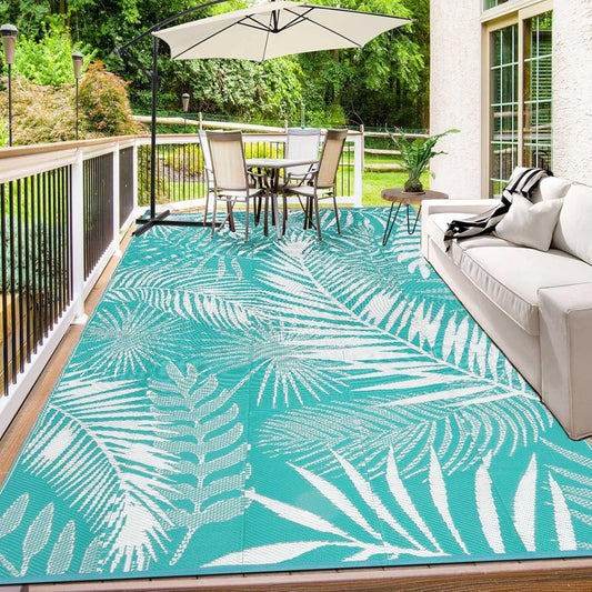 Outdoor Rug 8'x10' Waterproof for Patios Clearance, Reversible Outdoor Plastic Straw Rug Camping Carpet, Outside Floor Mats Large Area Rugs for RV,Patio,Deck,Porch, Beach,Balcony,Teal&White