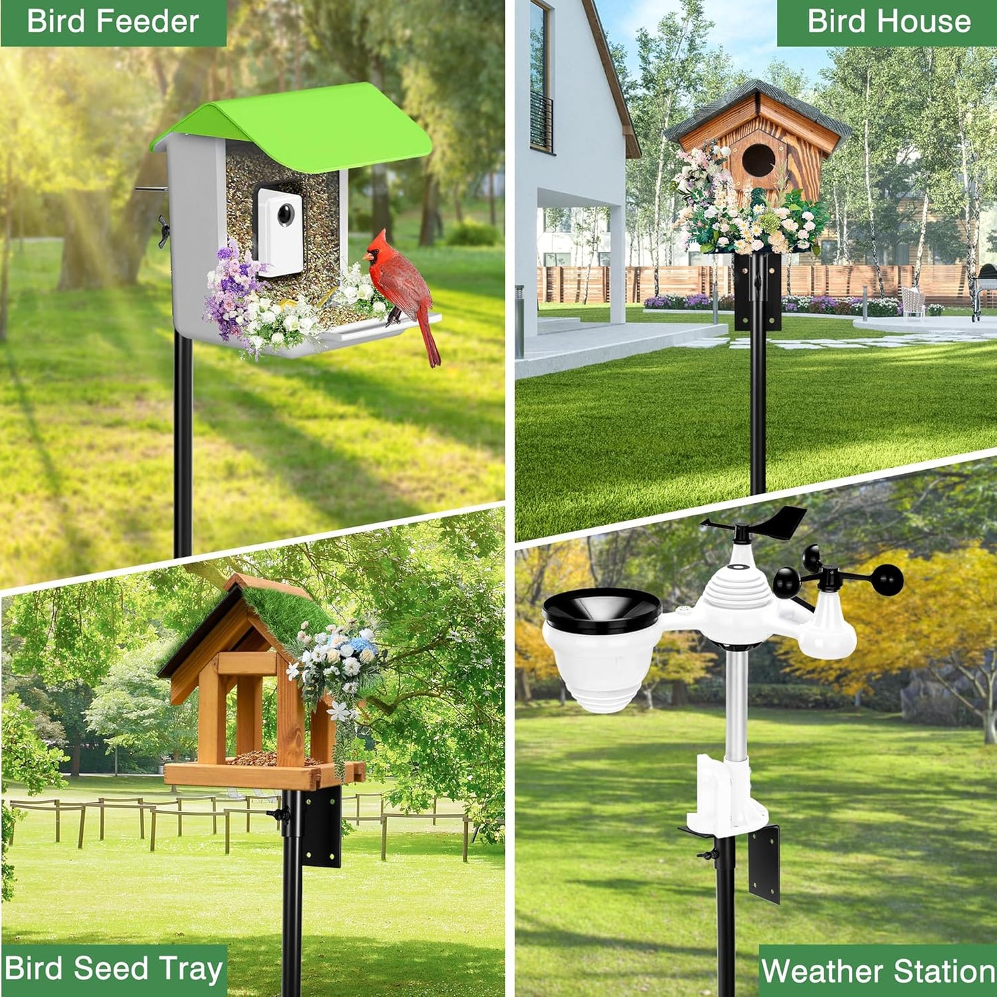 Bird Feeder Pole, 79 Inch Heavy Duty Bird House Pole Mount Kit for Outdoors, Adjustable Metal Bird Feeding Stand, with 2-Hooks, 5-Prong Base for Hanging Feeders, Black