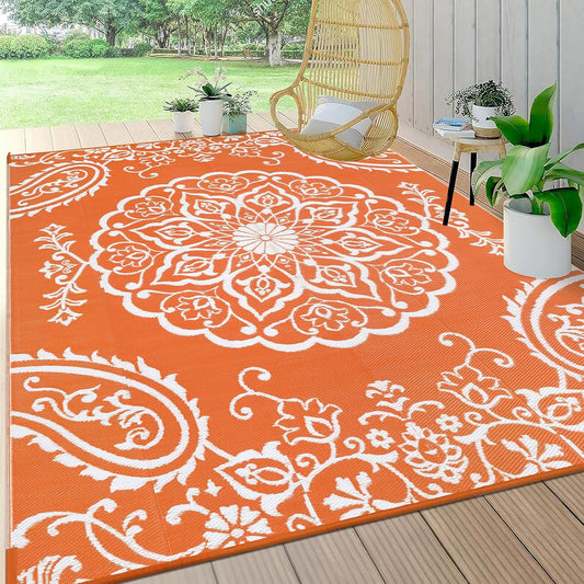 Pauwer Waterproof Outdoor Rug 8x10, Reversible Plastic Straw Patio Camping Rug, Indoor Outdoor RV Mat Carpet for Deck, Camper, Porch, Balcony, Backyard, Picnic, Boho Orange