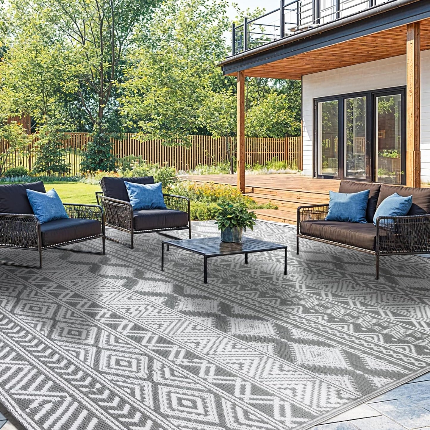 8'x10' Reversible Outdoor Rug - Eco-Friendly Plastic Straw Rug-Heavy-Duty Waterproof Mat, UV & Fade Resistant for Patio, Camping, RV, Deck, Balcony(8x10,Gray&White)