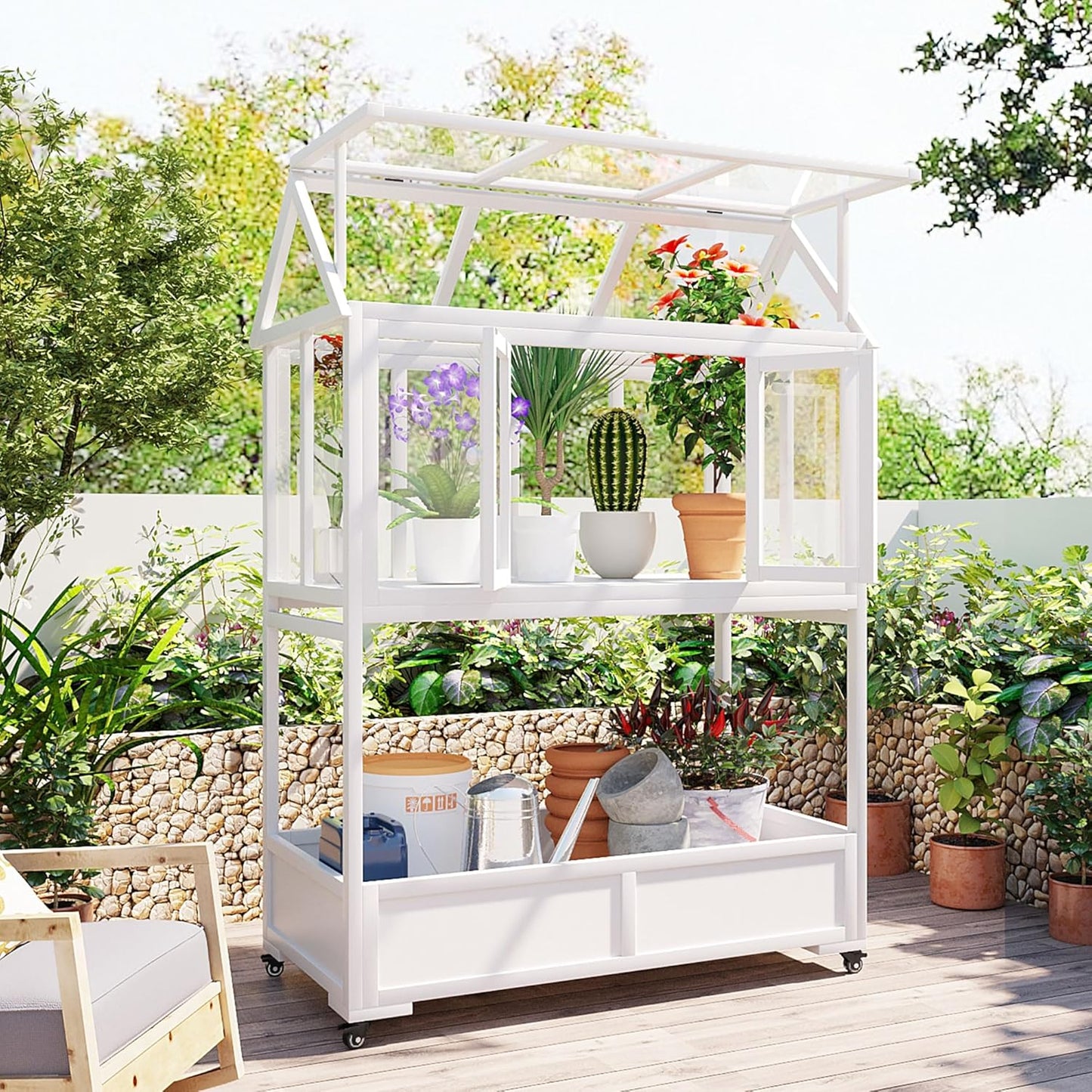 Garden Wood Portable Cold Frame - Mini Greenhouse with Wheels, Open Roof & Storage (White + Beige + Beige)