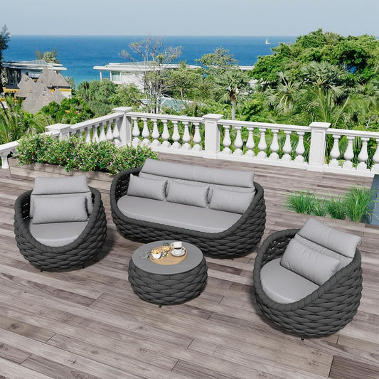 Woven Rope Patio Furniture Set: 4 Pieces Aluminum Outdoor Conversation Sofa Set Assembled - Modern Deck Couch Set Cushioned - All Weather Metal Porch Seating for 5 Person Garden Pool Yard Hotel
