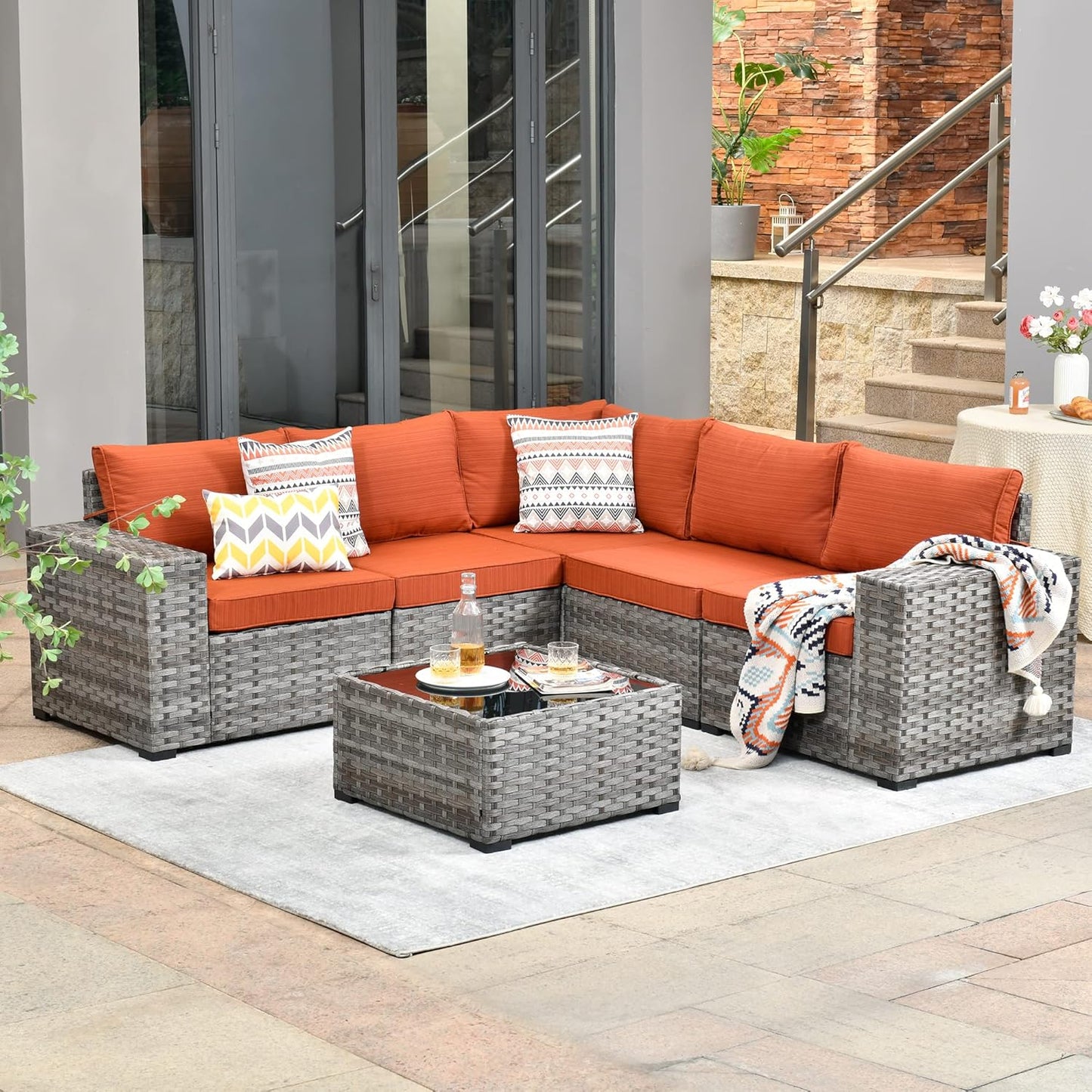 HOOOWOOO Modular Patio Outdoor Sectional Furniture Set,6 Piece Wicker Conversation Sofa Set,Out Door Couch Set with Wide Arm for Outside All Weather(Orange Red)