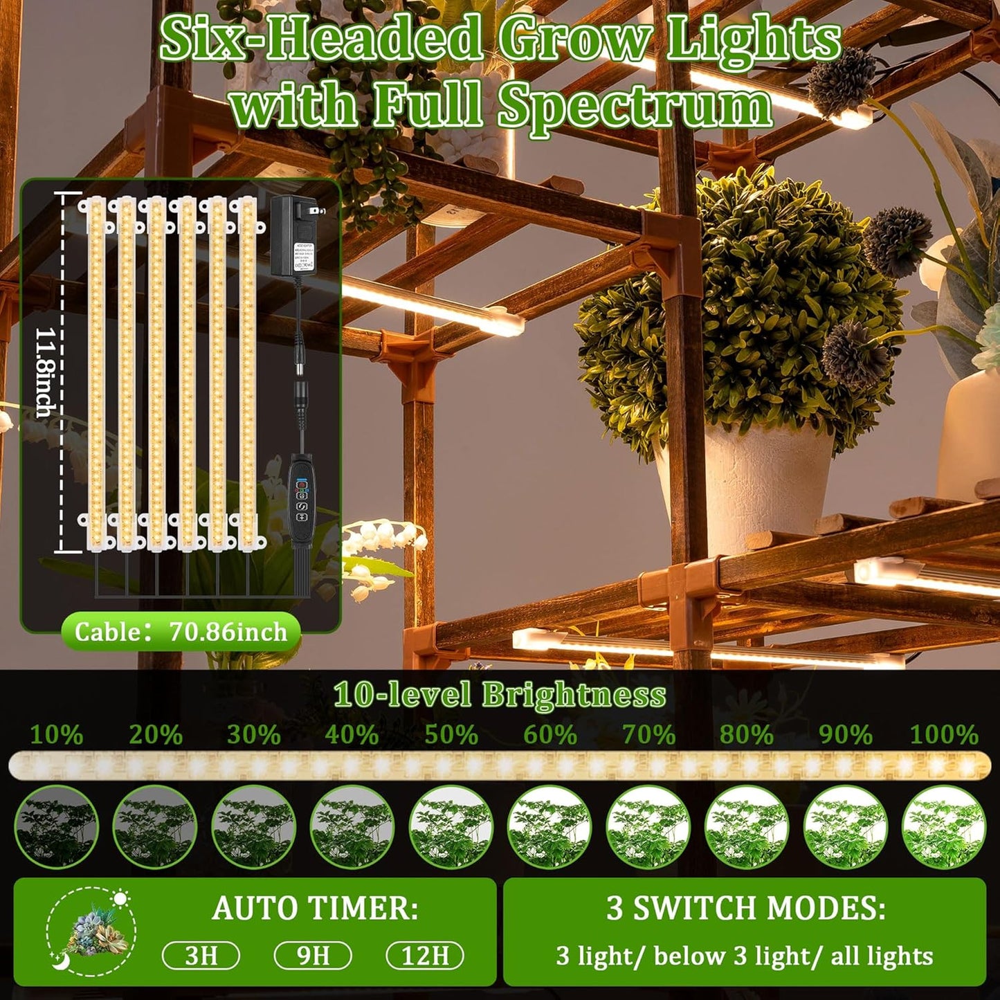 Dreyoo Plant Stand with Grow Lights, Wood Plant Shelf with Full Spectrum Grow Lamp for Indoor Corner, Vintage Multi Layer Lighted Stand for Living Room Balcony Display(11 Tiered Shape)