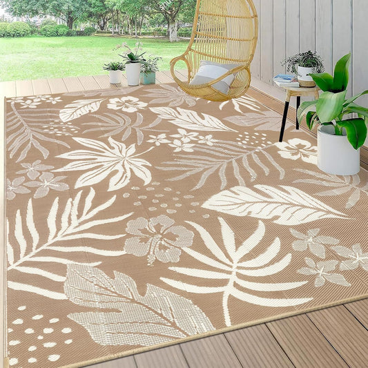 Pauwer Waterproof Outdoor Rug 8x10, Reversible Plastic Straw Patio Camping Rug, Indoor Outdoor RV Mat Carpet for Deck, Camper, Porch, Balcony, Backyard, Picnic, Floral Brown