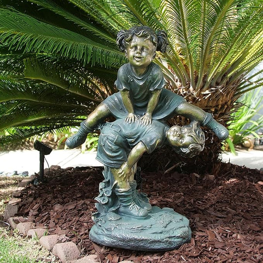 Alpine Corporation 26" Tall Indoor/Outdoor Girl Jumping Over Boy Statue Yard Art Decoration