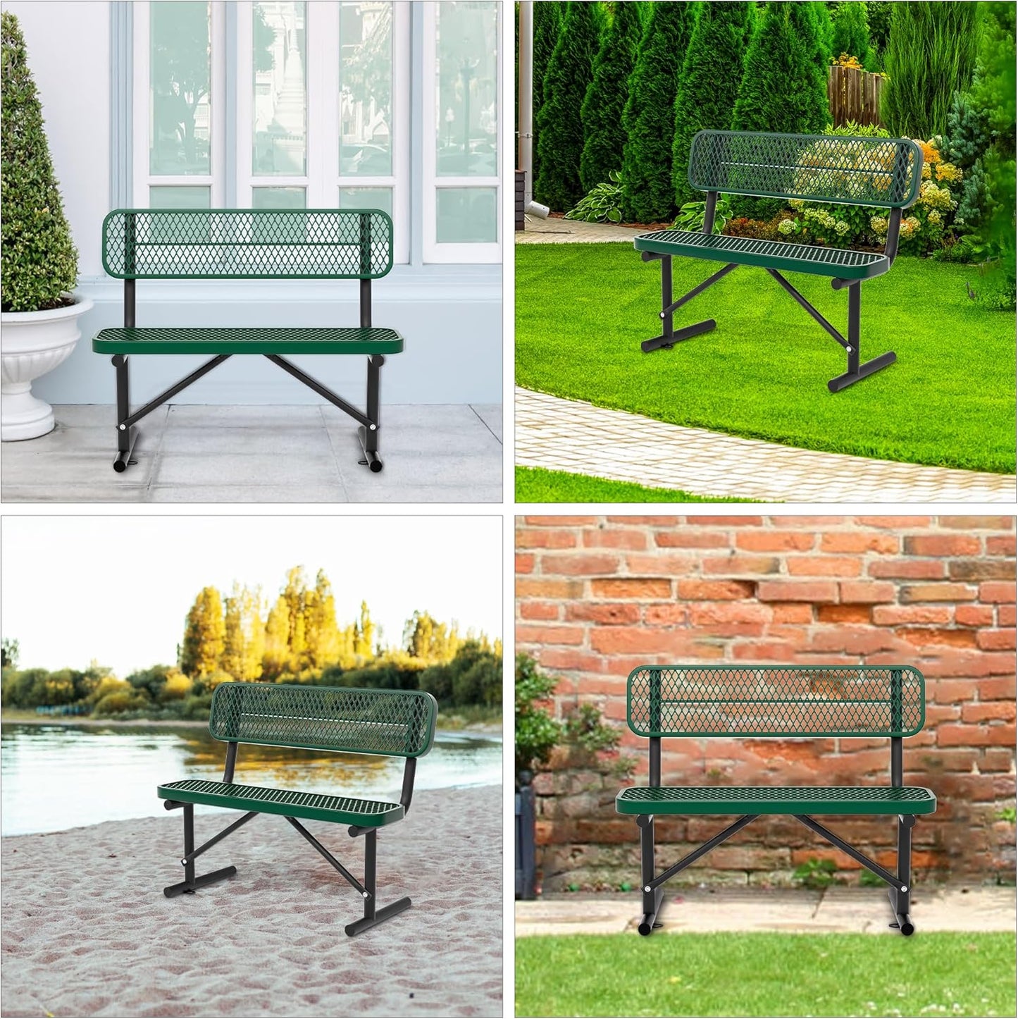 4FT Heavy Duty Park Bench with Back Portable Frame, Outdoor Steel Bench with Backrest, Green Park Bench Expanded Metal Mesh Bench for Lawn, Park, Deck, Garden, Patio, Porch (Green, 4FT)